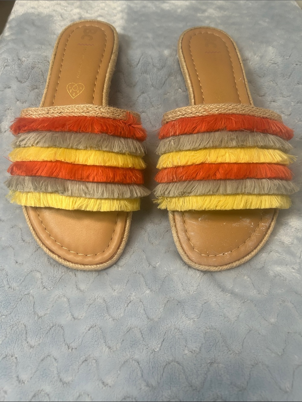 Tiered Fringe Slide Sandals - Orange, Yellow & Tan